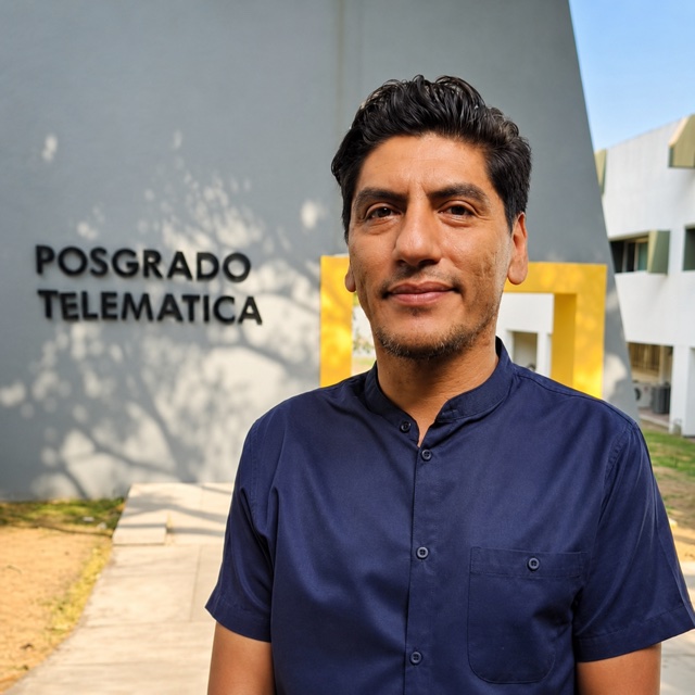 Miguel Ángel Rodríguez Ortiz in front of the Posgrado Telemática building